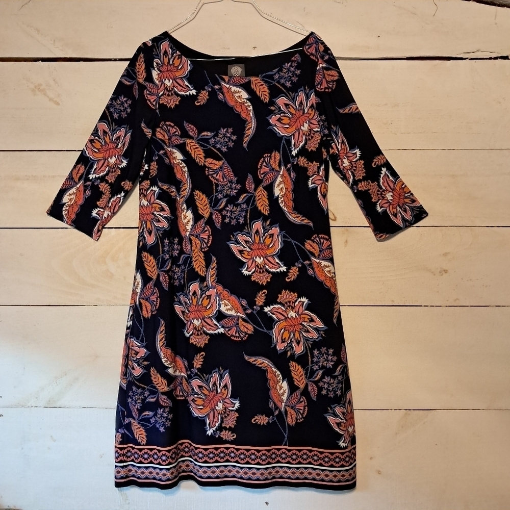 Vince Camuto Navy Blue Floral Sheath Dress 3/4 Sleeve 12